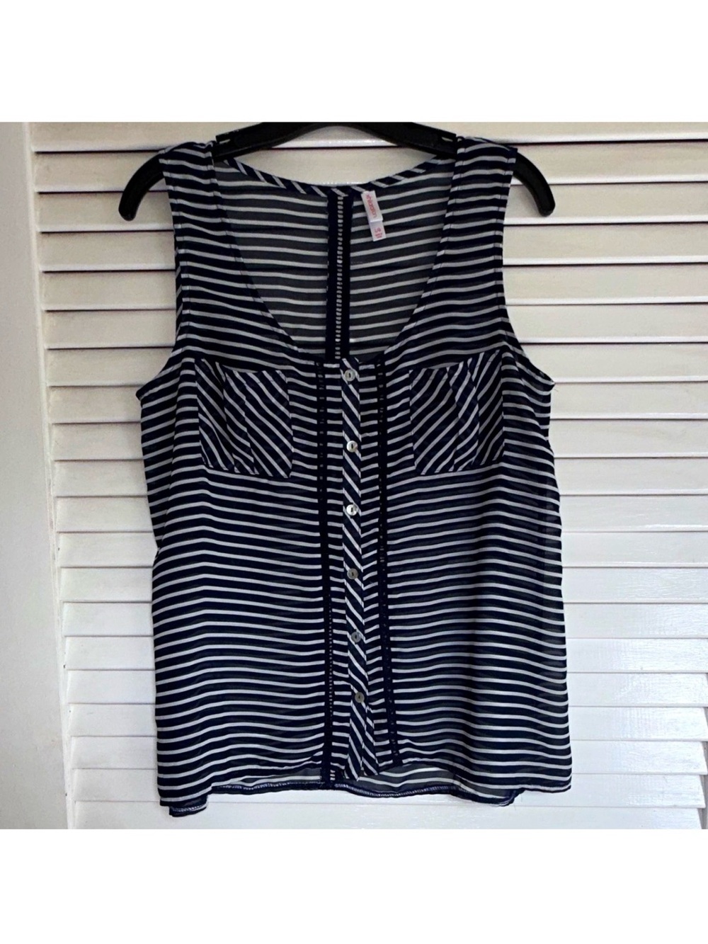 Xhilaration Navy and White Striped Button-Front Sheer Tank w/ Pockets